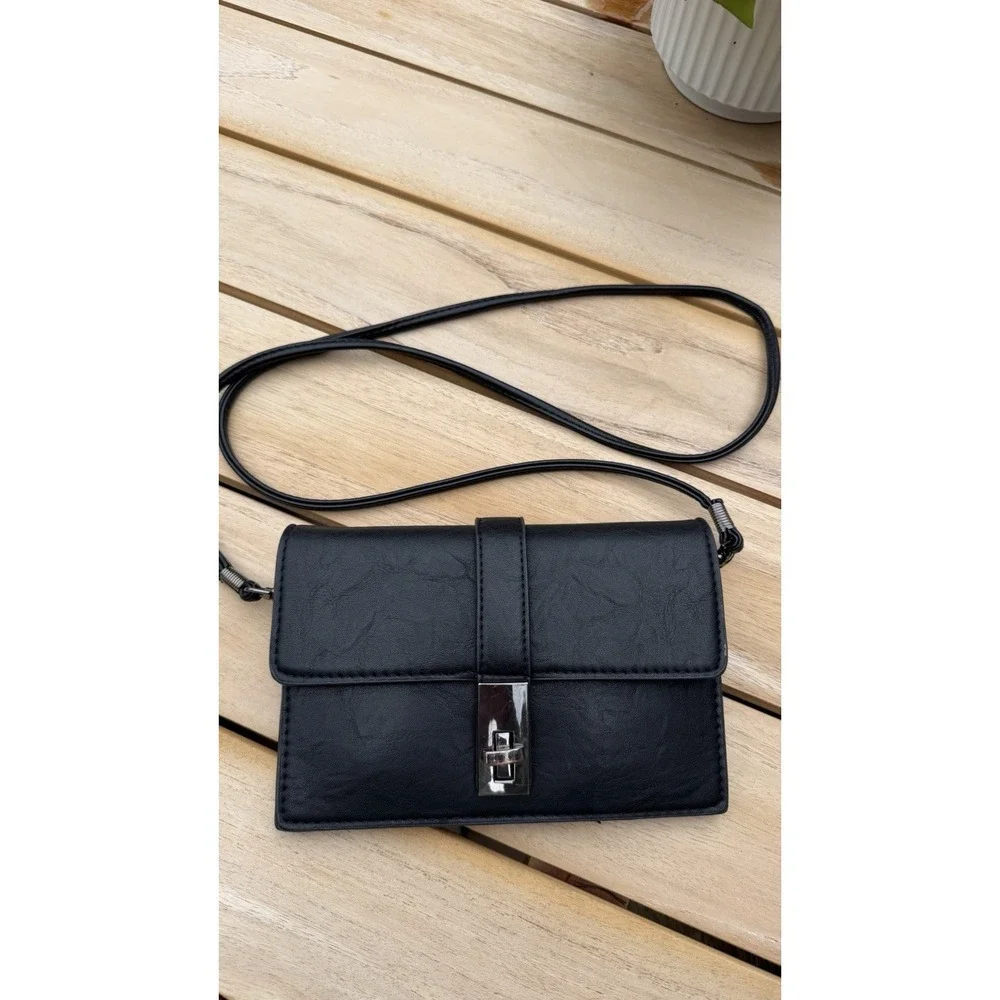Sondra Roberts Squared Black Vegan Leather Crossbody Clutch Bag